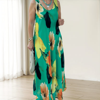 Shirley – Elegancka Kwiecista Sukienka Maxi Bez Rękawów