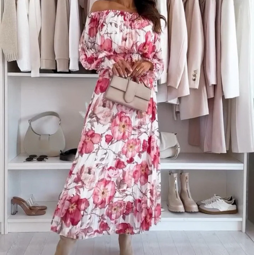 Chloe – Kwiatowy komplet dwuczęściowy z bluzką hiszpanką i długą spódnicą