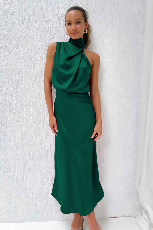 Klaudija - Elegancka midi sukienka z asymetrycznym okrągłym dekoltem